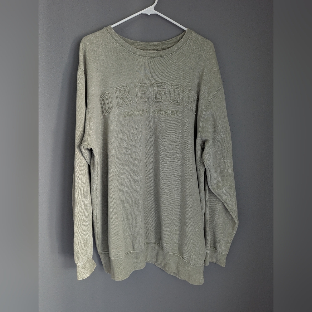 US Vintage Pacific Northwest Oregon Crewneck Sweatshirt Acid Wash Green 2XL.